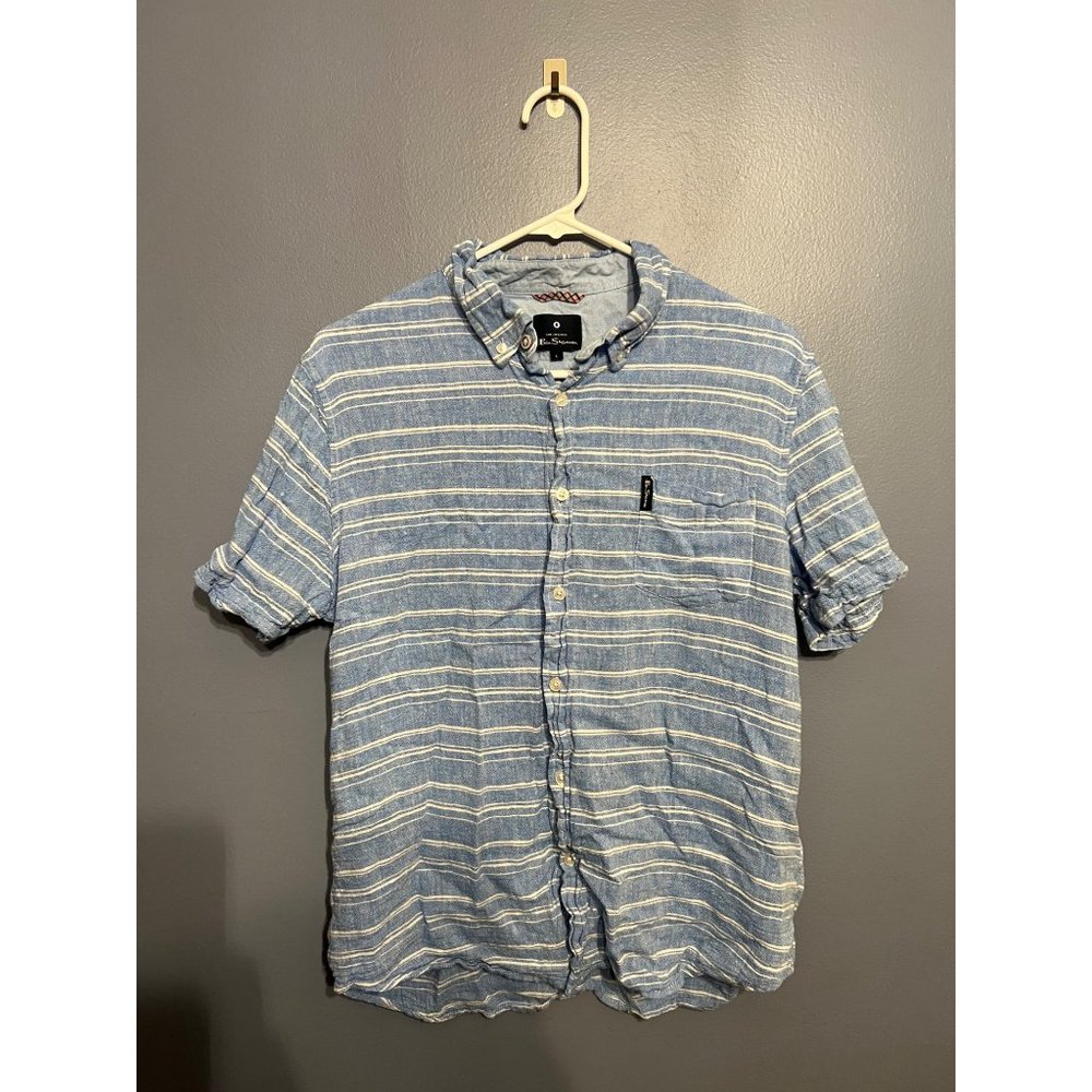 Ben Sherman Men’s Blue Striped Linen Rayon Short Sleeve Button Up Shirt Size LG‎